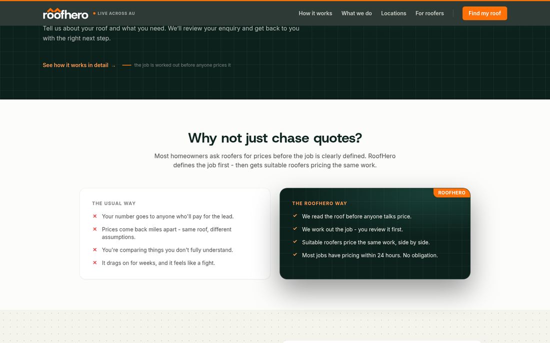 Live roofhero.com.au below the fold