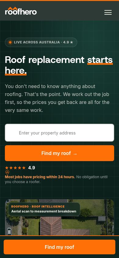Live roofhero.com.au mobile first screen